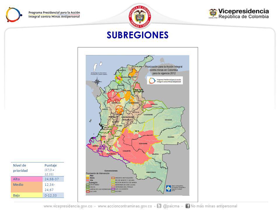 SUBREGIONES Nivel de prioridad Puntaje (37/3 = 12,33) Alto 24,68-37