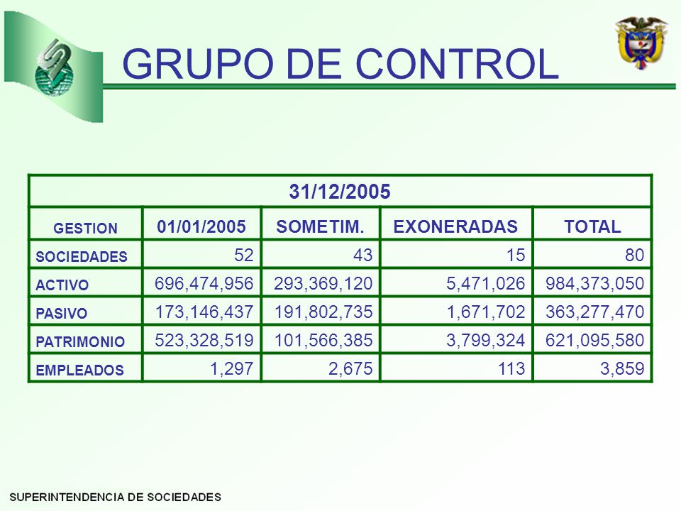 GRUPO DE CONTROL 31/12/ /01/2005 SOMETIM. EXONERADAS TOTAL 52 43