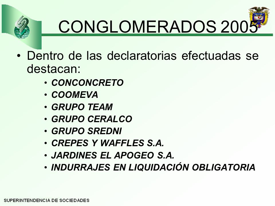 CONGLOMERADOS 2005 Dentro de las declaratorias efectuadas se destacan:
