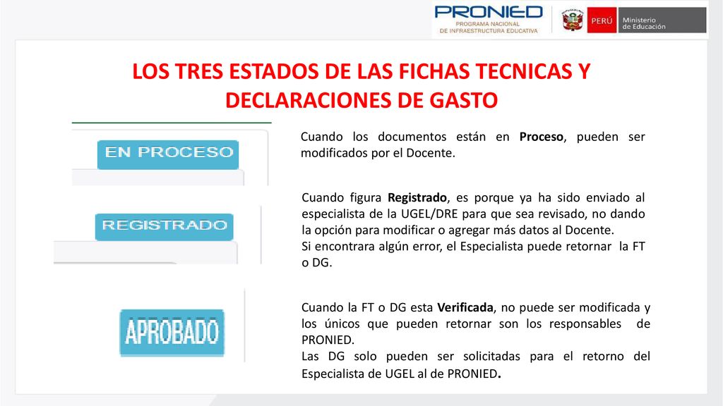 LOS TRES ESTADOS DE LAS FICHAS TECNICAS Y DECLARACIONES DE GASTO