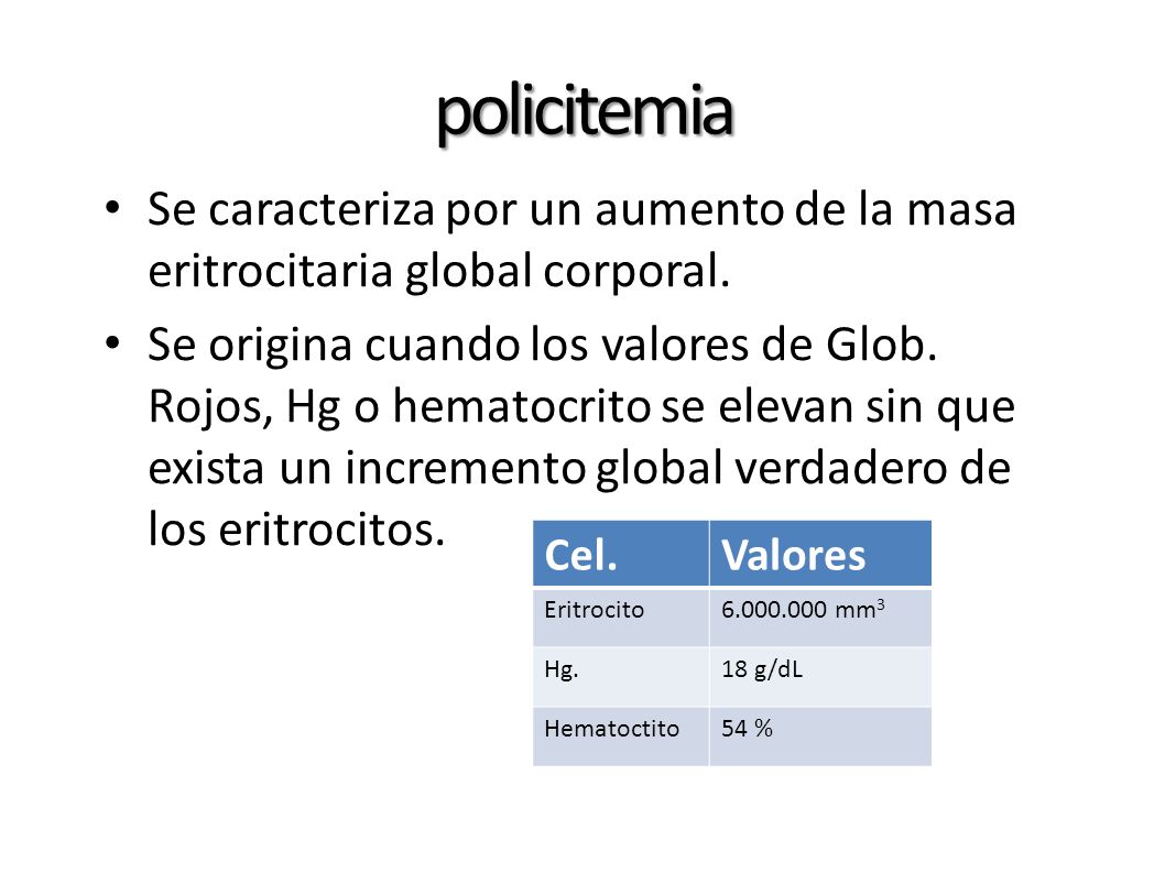 policitemia Se caracteriza por un aumento de la masa eritrocitaria global corporal.
