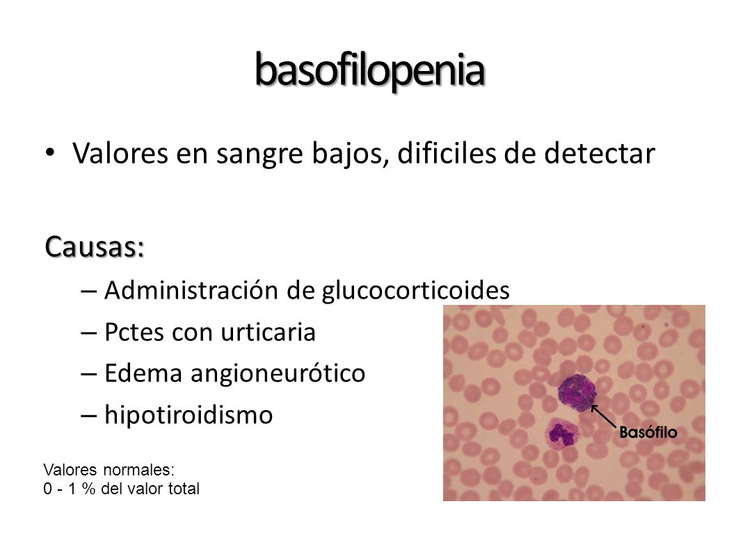 basofilopenia Valores en sangre bajos, dificiles de detectar Causas: