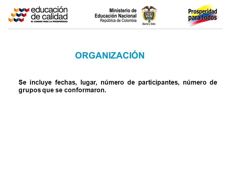 ORGANIZACIÓN Se incluye fechas, lugar, número de participantes, número de grupos que se conformaron.