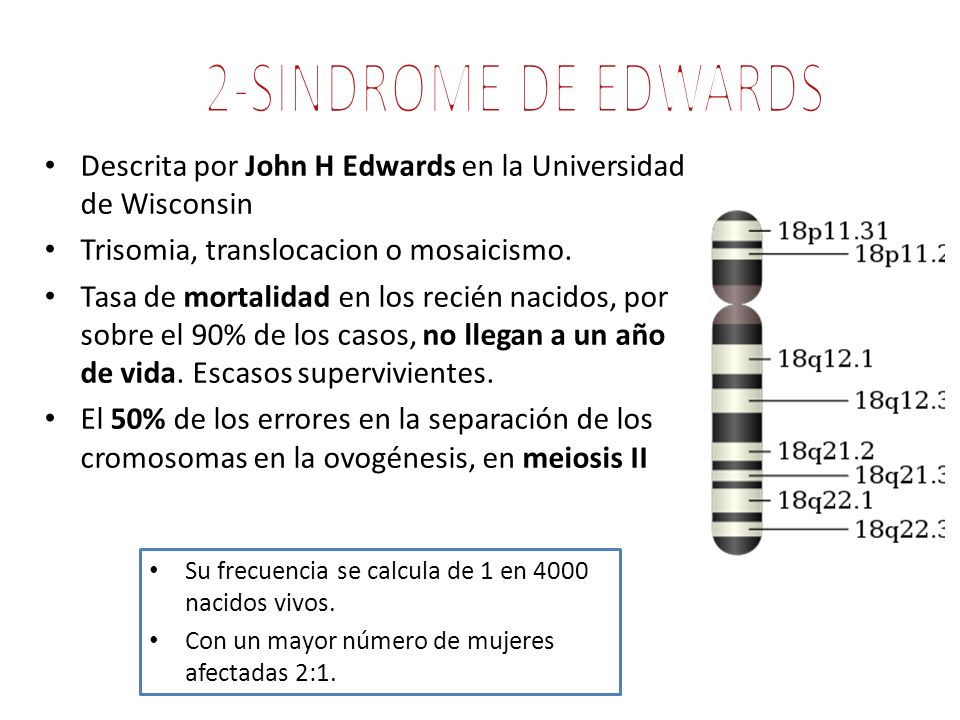 2-SINDROME DE EDWARDS Descrita por John H Edwards en la Universidad de Wisconsin. Trisomia, translocacion o mosaicismo.