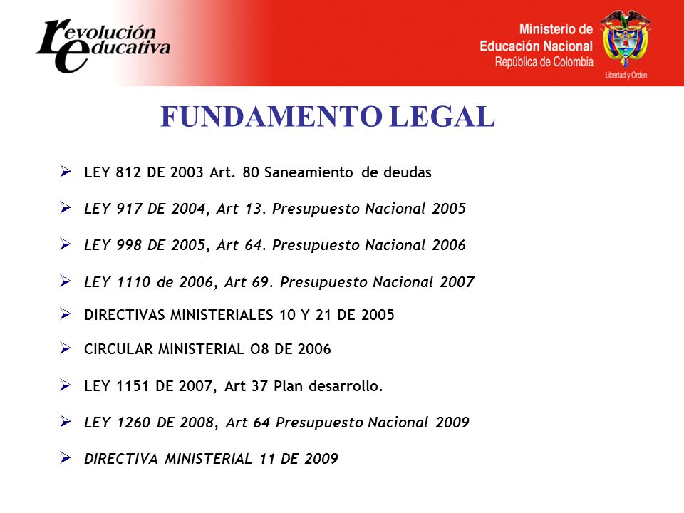 FUNDAMENTO LEGAL LEY 812 DE 2003 Art. 80 Saneamiento de deudas