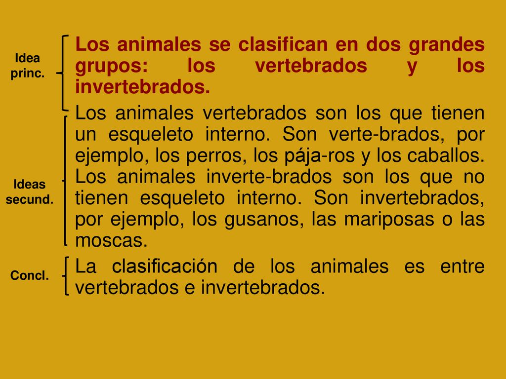 Los animales se clasifican en dos grandes grupos: los vertebrados y los invertebrados. Los animales vertebrados son los que tienen un esqueleto interno. Son verte-brados, por ejemplo, los perros, los pája-ros y los caballos. Los animales inverte-brados son los que no tienen esqueleto interno. Son invertebrados, por ejemplo, los gusanos, las mariposas o las moscas. La clasificación de los animales es entre vertebrados e invertebrados.