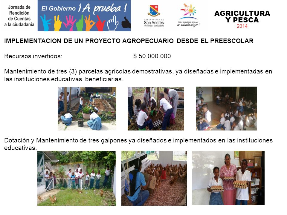 AGRICULTURA Y PESCA IMPLEMENTACION DE UN PROYECTO AGROPECUARIO DESDE EL PREESCOLAR. Recursos invertidos: $