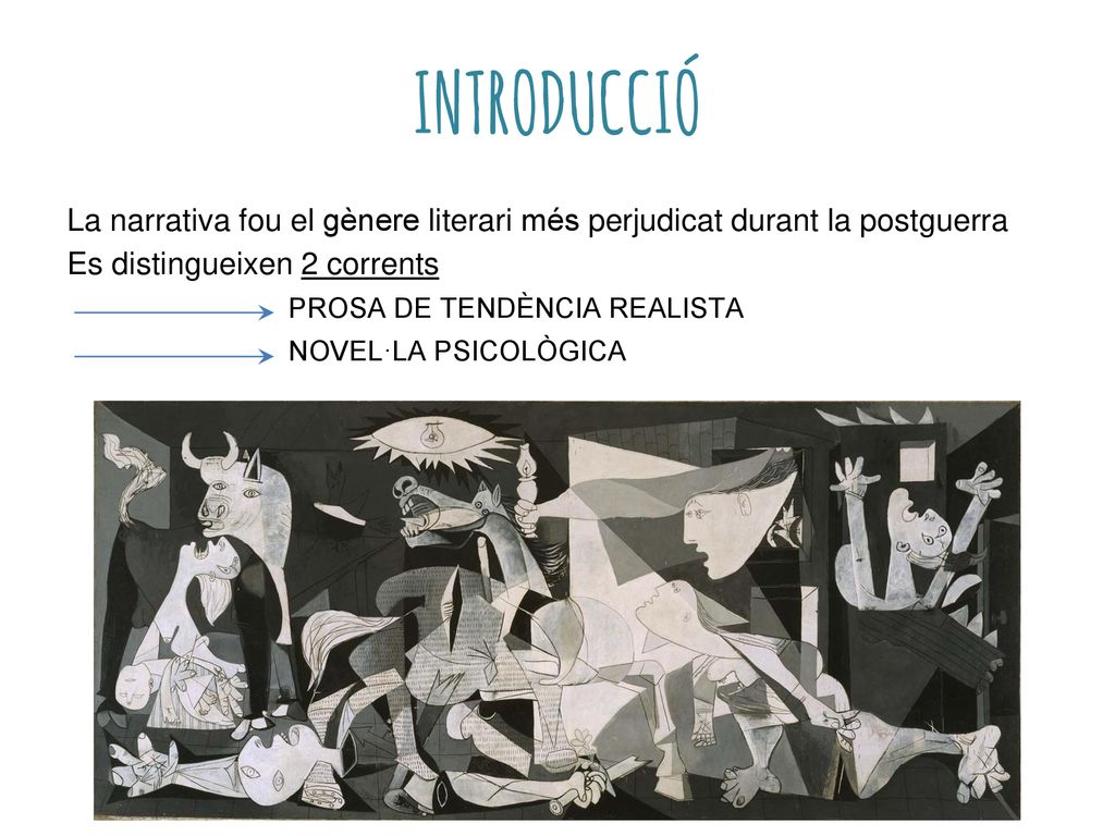 INTRODUCCIÓ La narrativa fou el gènere literari més perjudicat durant la postguerra. Es distingueixen 2 corrents.