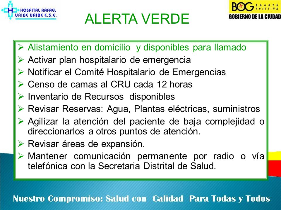 ALERTA VERDE Alistamiento en domicilio y disponibles para llamado