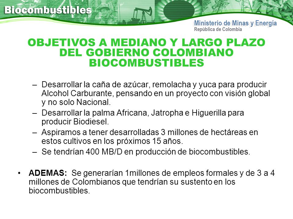 OBJETIVOS A MEDIANO Y LARGO PLAZO DEL GOBIERNO COLOMBIANO BIOCOMBUSTIBLES