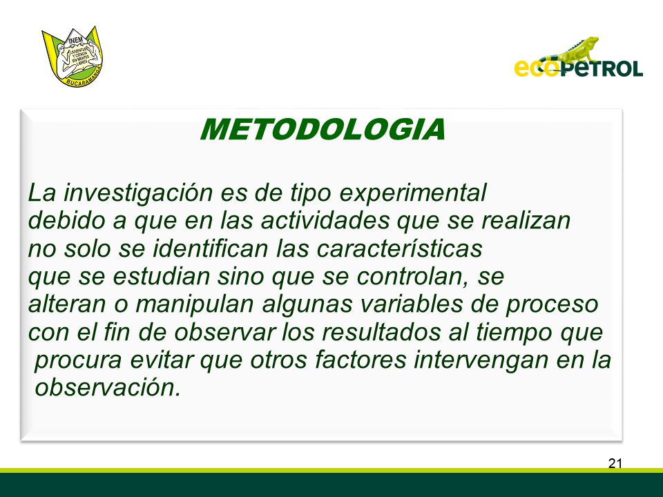 METODOLOGIA La investigación es de tipo experimental