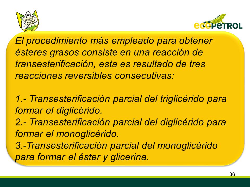 El procedimiento más empleado para obtener ésteres grasos consiste en una reacción de transesterificación, esta es resultado de tres reacciones reversibles consecutivas: