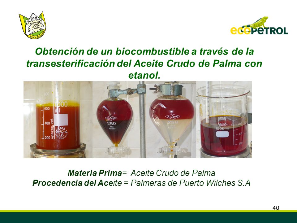 Obtención de un biocombustible a través de la transesterificación del Aceite Crudo de Palma con etanol.