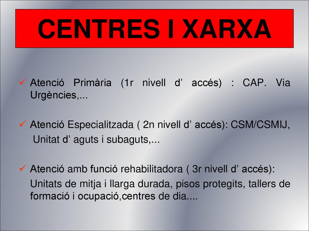 CENTRES I XARXA Atenció Primària (1r nivell d’ accés) : CAP. Via Urgències,... Atenció Especialitzada ( 2n nivell d’ accés): CSM/CSMIJ,
