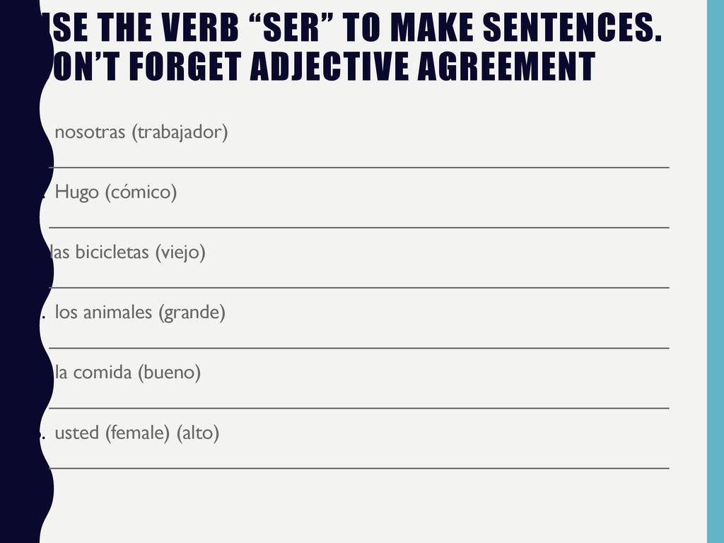 Use the verb ser to make sentences. Don’t forget adjective agreement