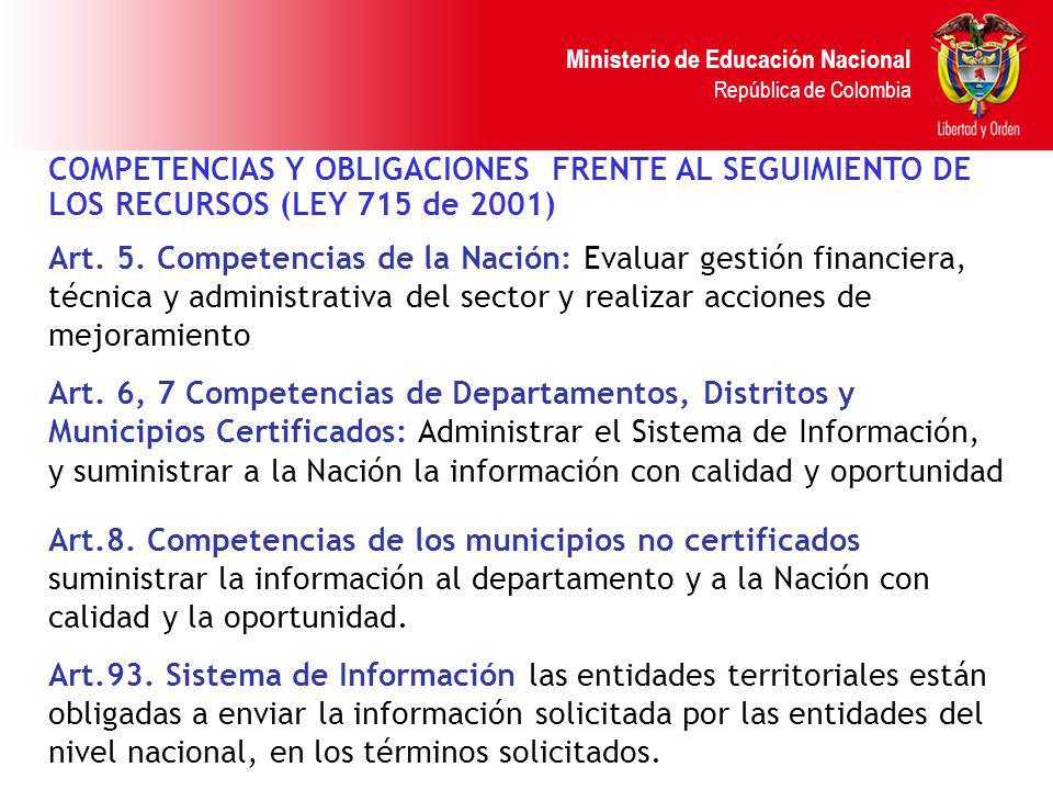 COMPETENCIAS Y OBLIGACIONES FRENTE AL SEGUIMIENTO DE LOS RECURSOS (LEY 715 de 2001)