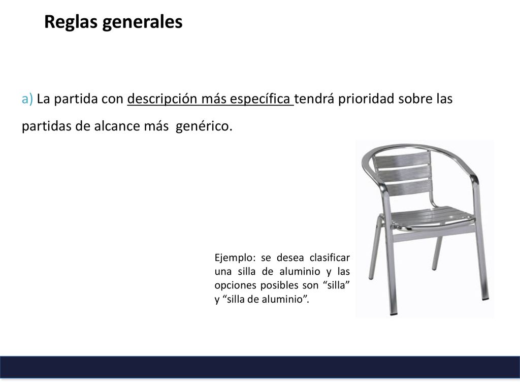 Reglas generales a) La partida con descripción más específica tendrá prioridad sobre las partidas de alcance más genérico.