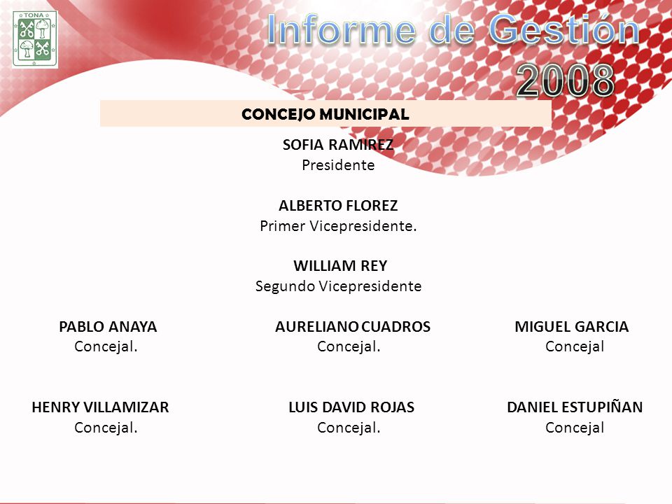 Informe de Gestión 2008 CONCEJO MUNICIPAL SOFIA RAMIREZ Presidente