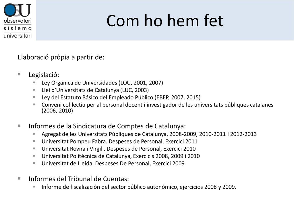Com ho hem fet Elaboració pròpia a partir de: Legislació:
