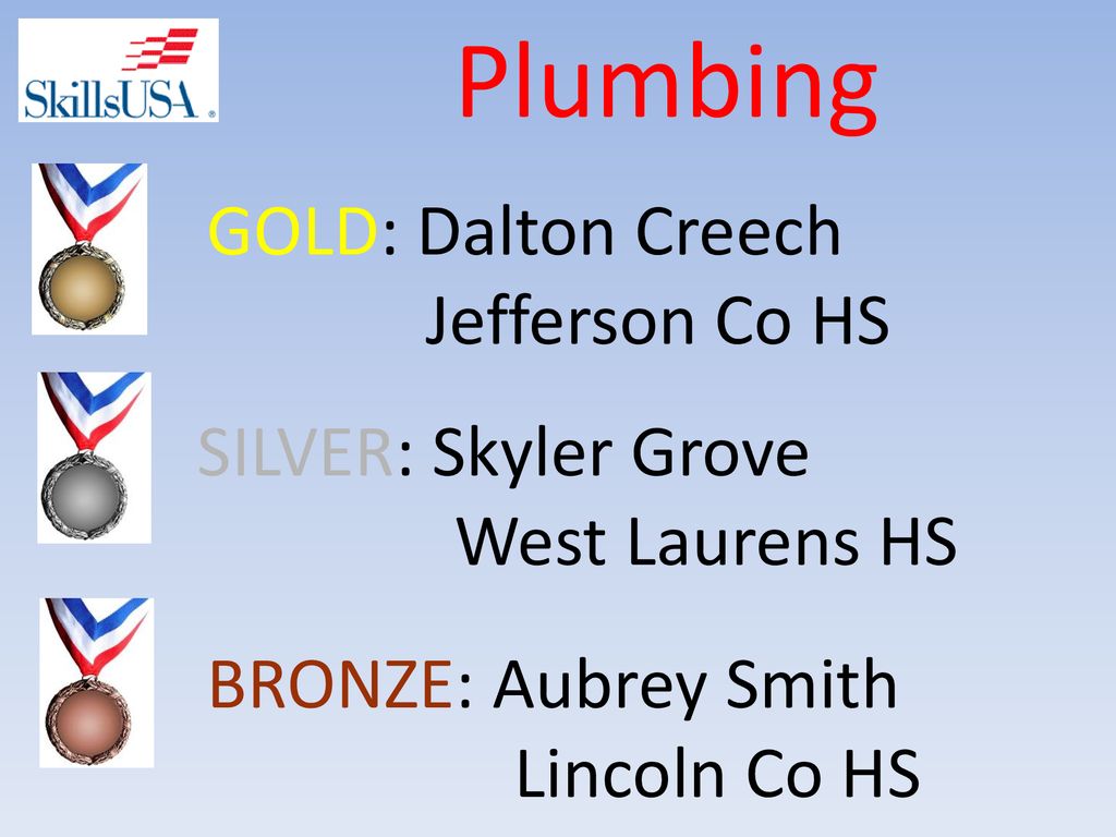 Plumbing GOLD: Dalton Creech Jefferson Co HS SILVER: Skyler Grove