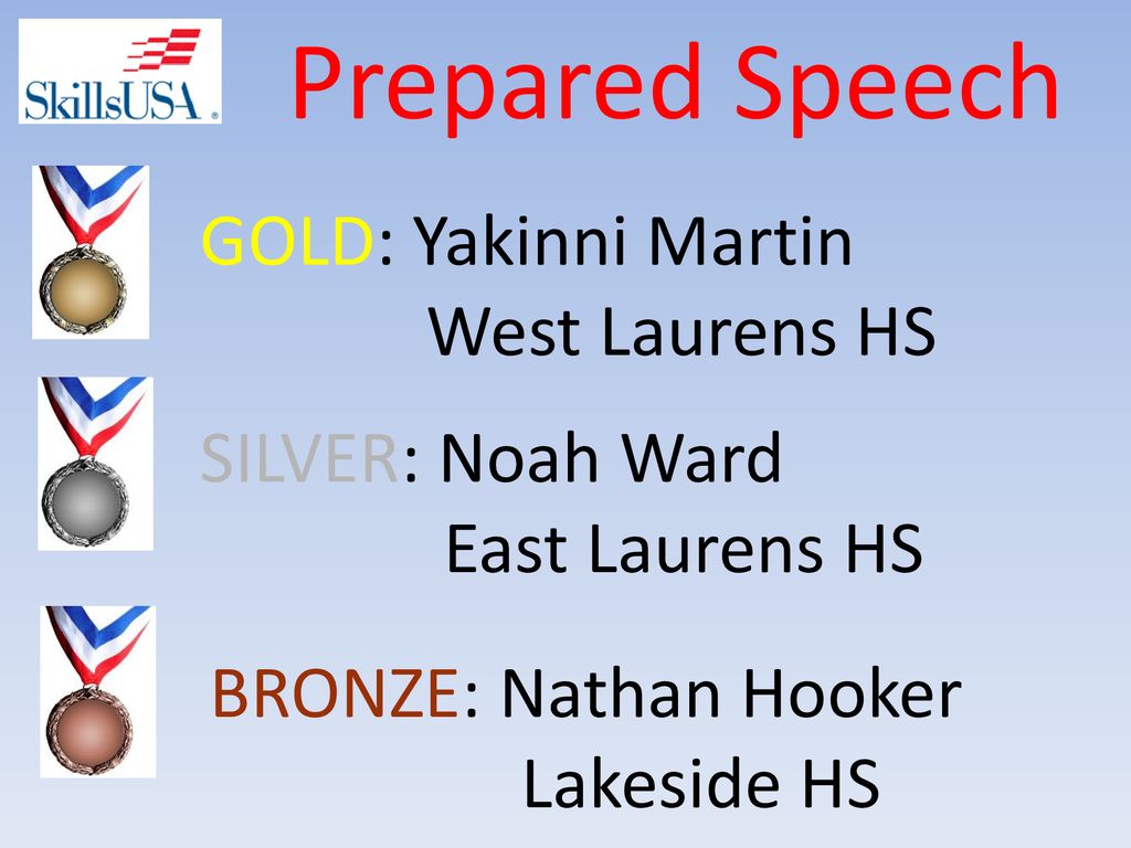 Prepared Speech GOLD: Yakinni Martin West Laurens HS SILVER: Noah Ward