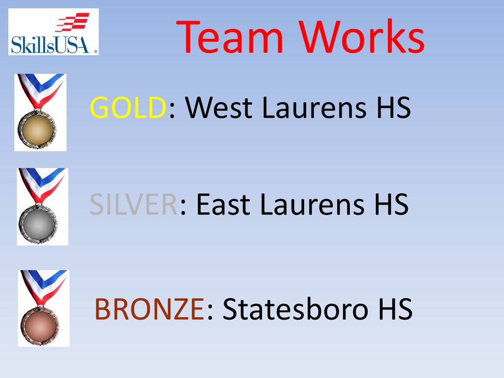 Team Works GOLD: West Laurens HS SILVER: East Laurens HS