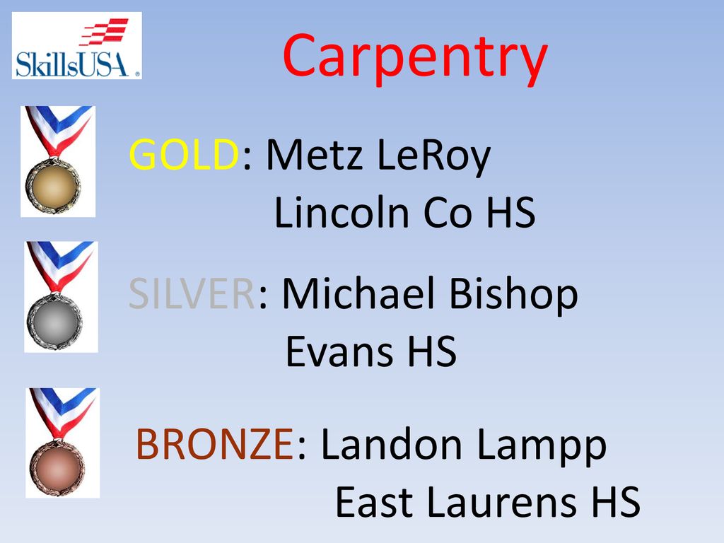 Carpentry GOLD: Metz LeRoy Lincoln Co HS SILVER: Michael Bishop
