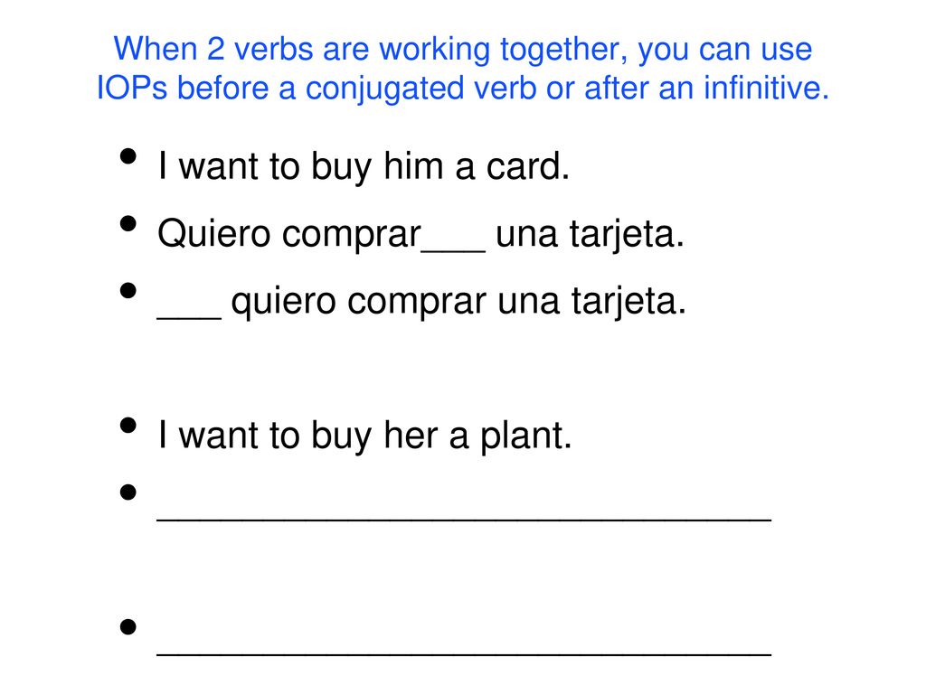 Quiero comprar___ una tarjeta. ___ quiero comprar una tarjeta.