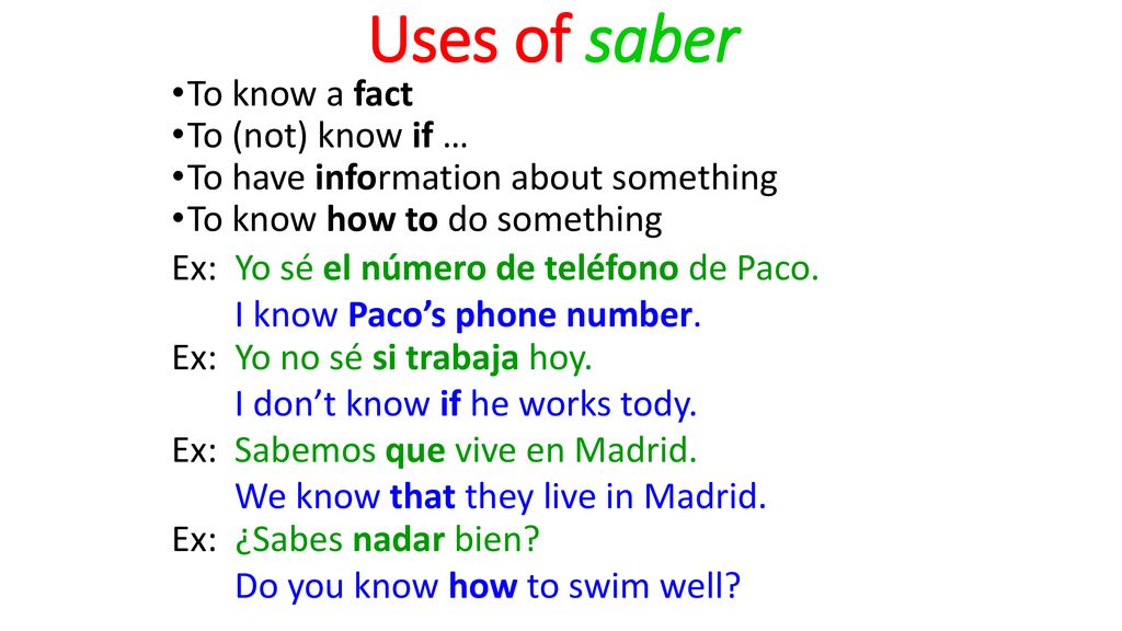 Uses of saber To know a fact To (not) know if …