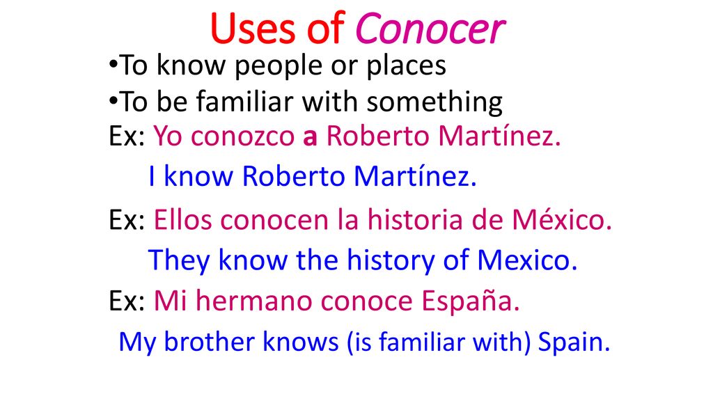 Uses of Conocer To know people or places To be familiar with something