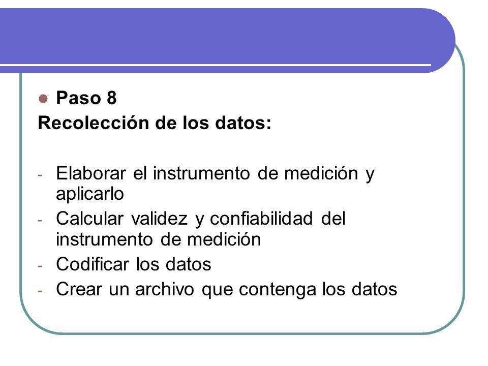 Paso 8 Recolección de los datos: Elaborar el instrumento de medición y aplicarlo. Calcular validez y confiabilidad del instrumento de medición.