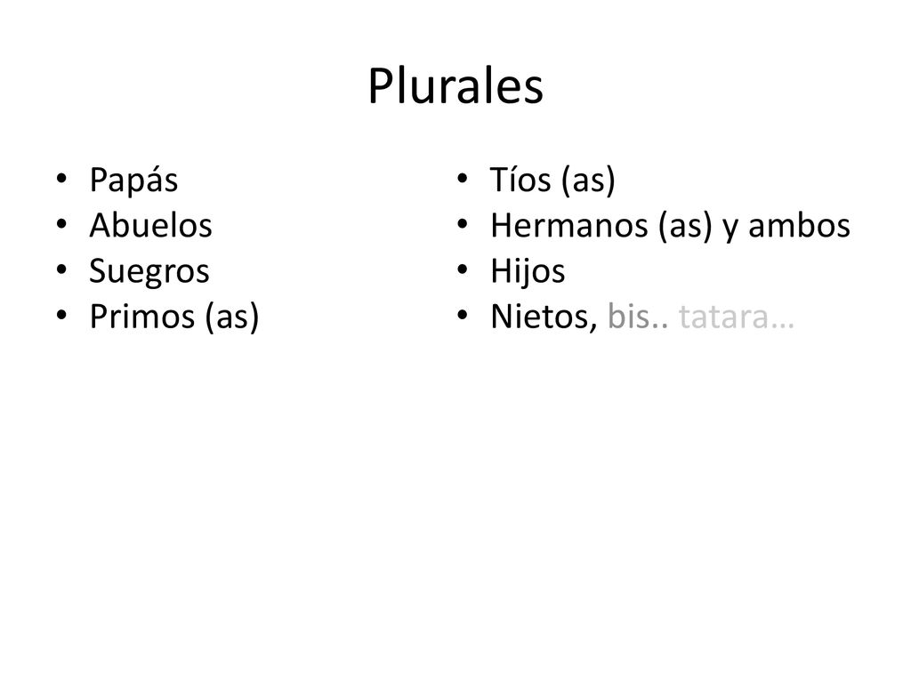 Plurales Papás Tíos (as) Abuelos Hermanos (as) y ambos Suegros Hijos