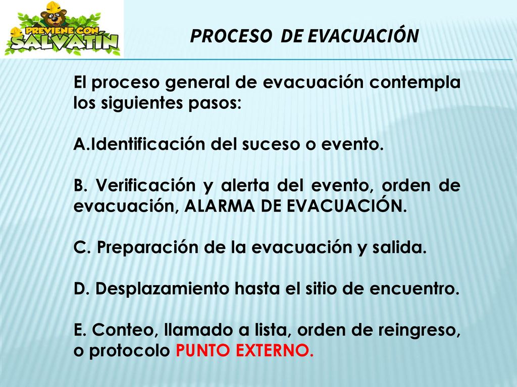 PROCESO DE EVACUACIÓN El proceso general de evacuación contempla los siguientes pasos: Identificación del suceso o evento.