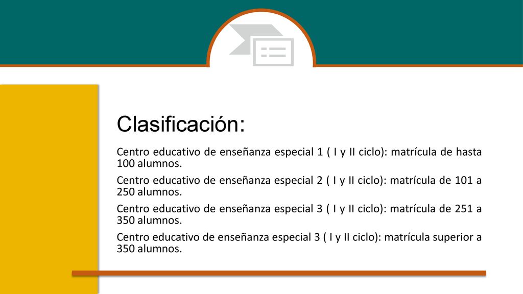 Clasificación: Centro educativo de enseñanza especial 1 ( I y II ciclo): matrícula de hasta 100 alumnos.