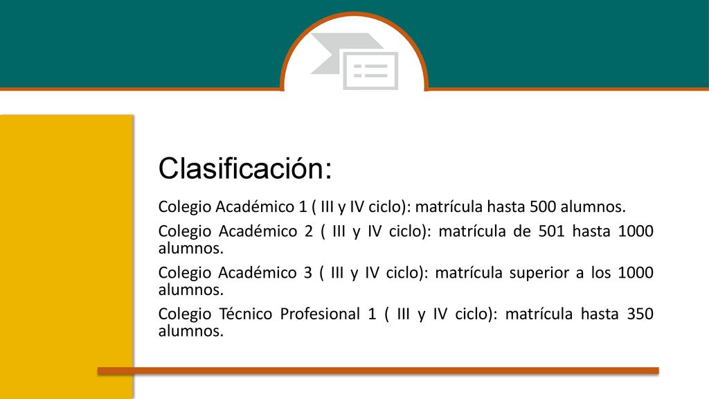 Clasificación: Colegio Académico 1 ( III y IV ciclo): matrícula hasta 500 alumnos.