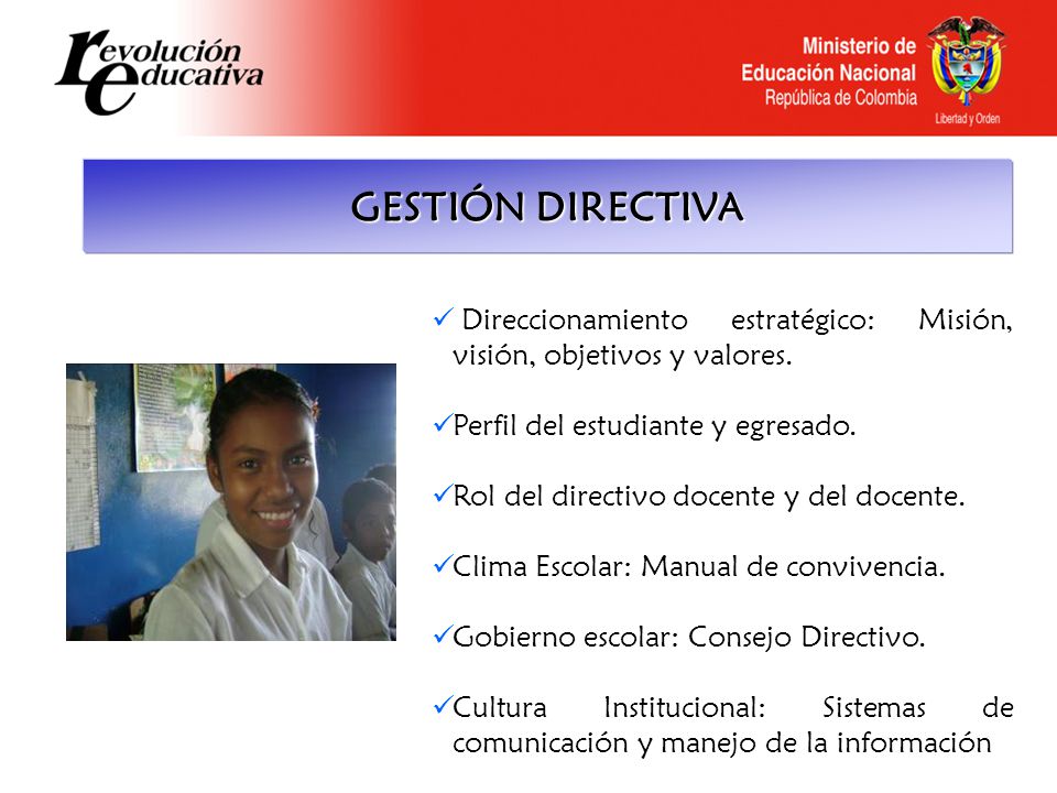GESTIÓN DIRECTIVA Direccionamiento estratégico: Misión, visión, objetivos y valores. Perfil del estudiante y egresado.