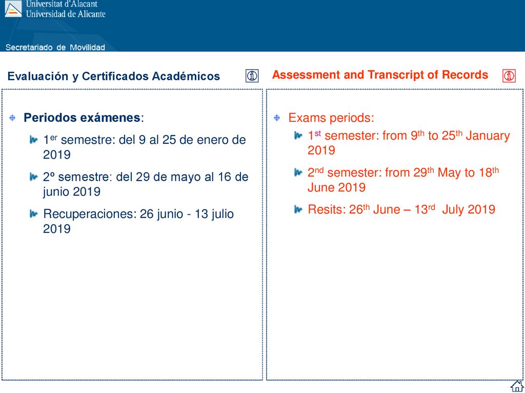 1er semestre: del 9 al 25 de enero de 2019