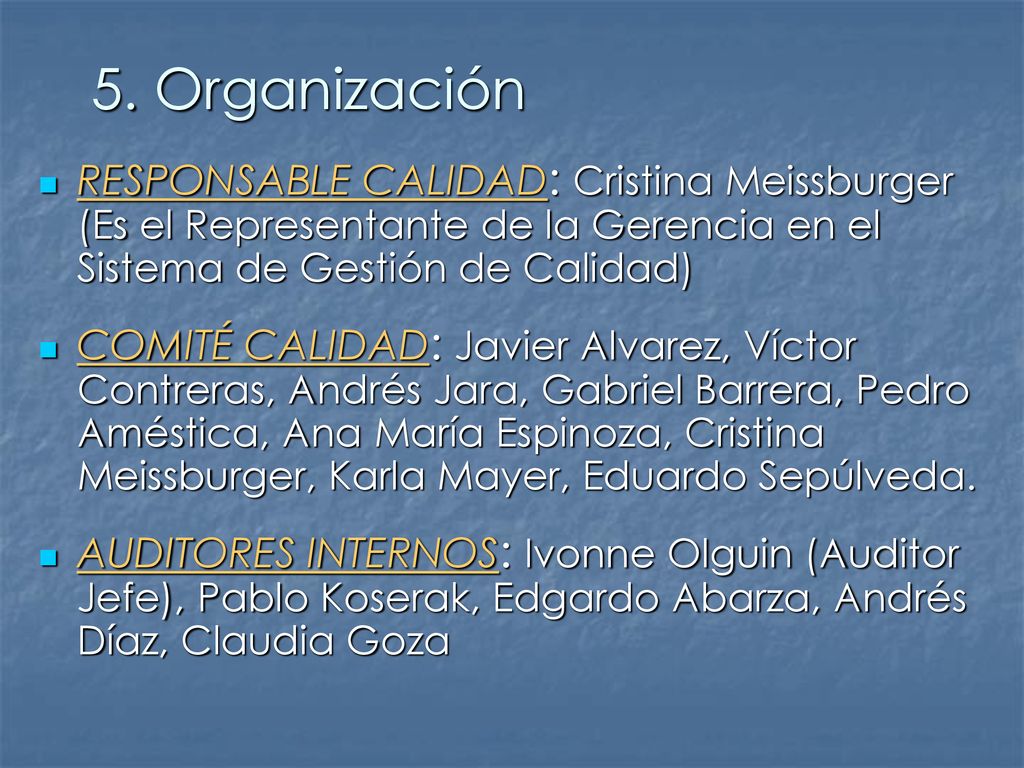 5. Organización RESPONSABLE CALIDAD: Cristina Meissburger (Es el Representante de la Gerencia en el Sistema de Gestión de Calidad)
