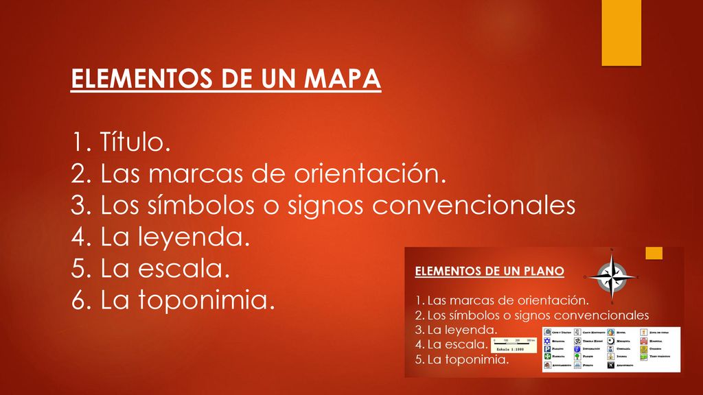 ELEMENTOS DE UN MAPA Título. Las marcas de orientación. Los símbolos o signos convencionales. La leyenda.