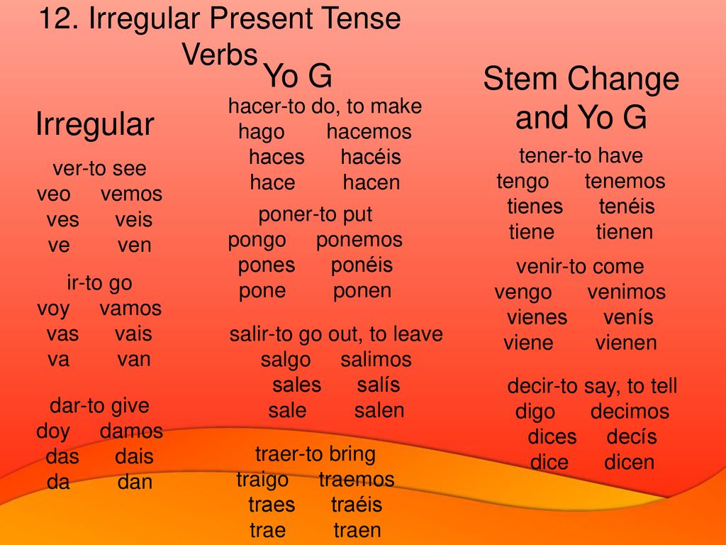 Yo G Stem Change and Yo G Irregular 12. Irregular Present Tense Verbs