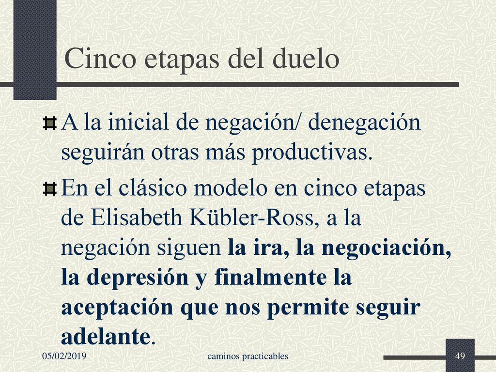 Cinco etapas del duelo A la inicial de negación/ denegación seguirán otras más productivas.