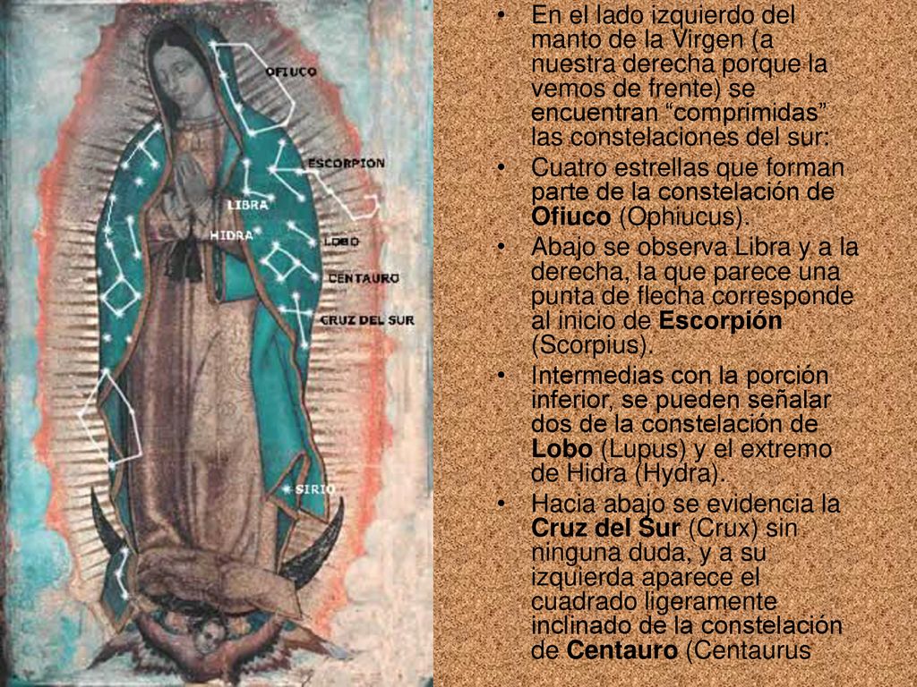 En el lado izquierdo del manto de la Virgen (a nuestra derecha porque la vemos de frente) se encuentran comprimidas las constelaciones del sur: