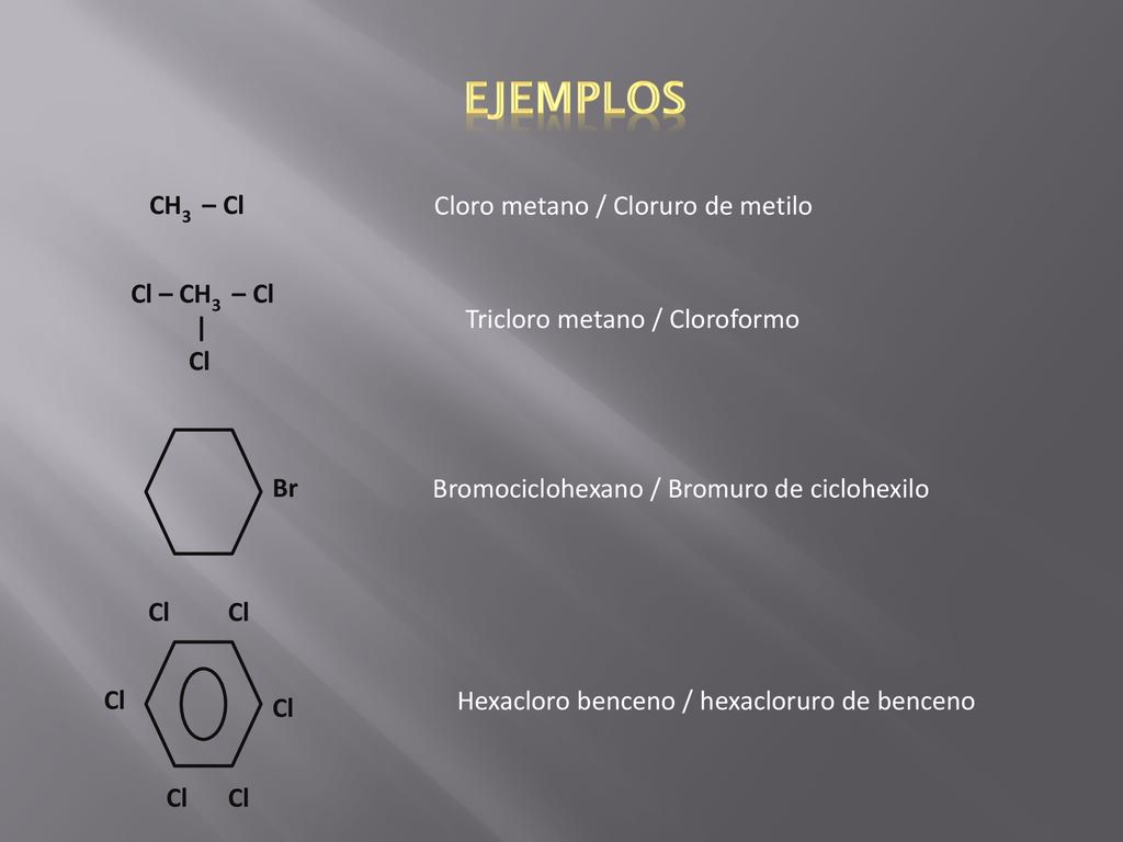 EJEMPLOS CH3 – Cl Cloro metano / Cloruro de metilo Cl – CH3 – Cl | Cl