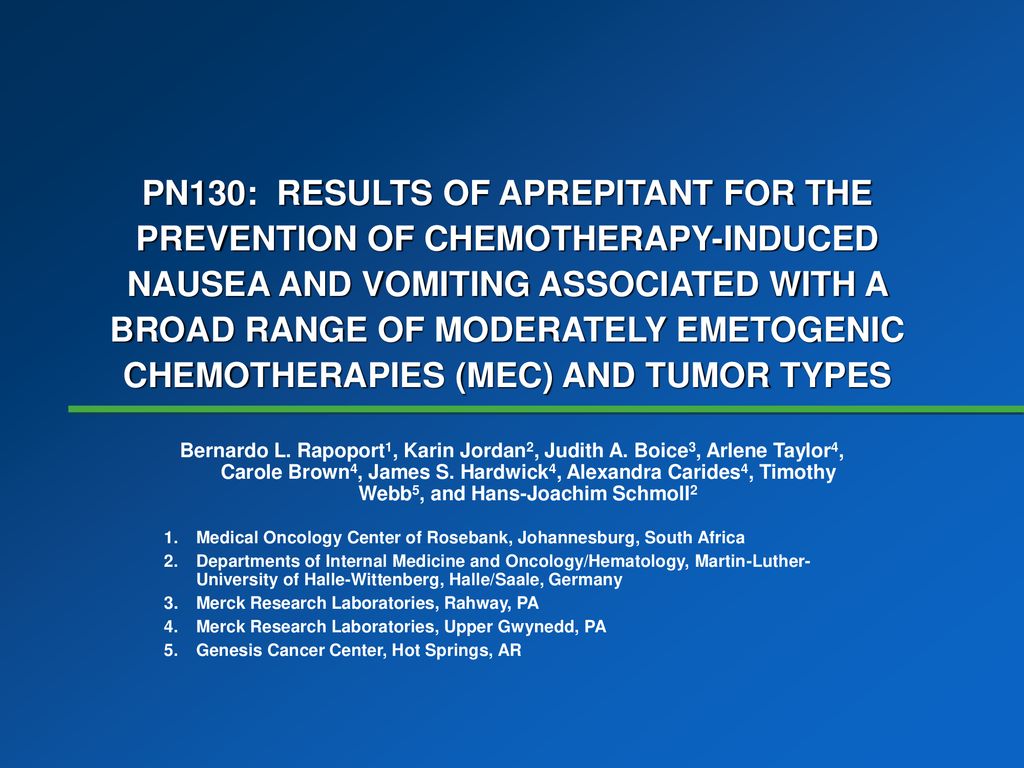 PN130: RESULTS OF APREPITANT FOR THE PREVENTION OF CHEMOTHERAPY-INDUCED NAUSEA AND VOMITING ASSOCIATED WITH A BROAD RANGE OF MODERATELY EMETOGENIC CHEMOTHERAPIES (MEC) AND TUMOR TYPES