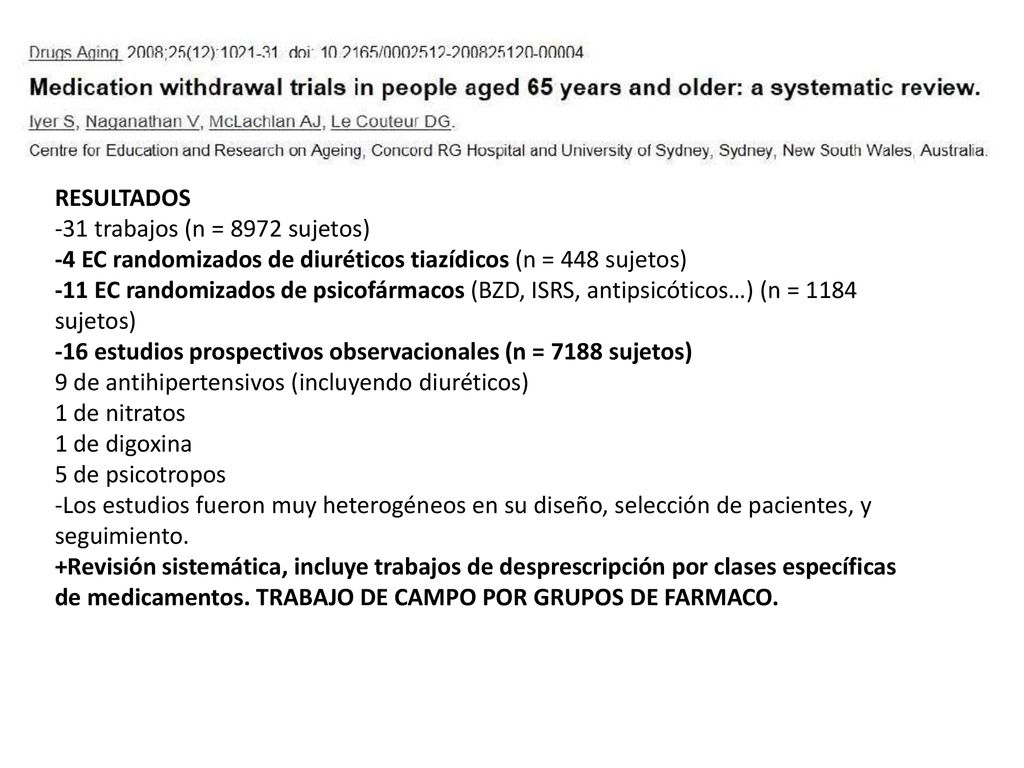 RESULTADOS -31 trabajos (n = 8972 sujetos) -4 EC randomizados de diuréticos tiazídicos (n = 448 sujetos)