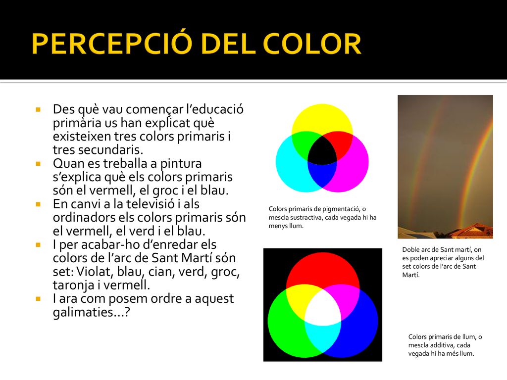 PERCEPCIÓ DEL COLOR Colors primaris de pigmentació, o mescla sustractiva, cada vegada hi ha menys llum.