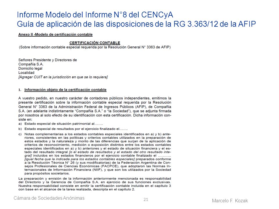 Informe Modelo del Informe N°8 del CENCyA Guía de aplicación de las disposiciones de la RG 3.363/12 de la AFIP