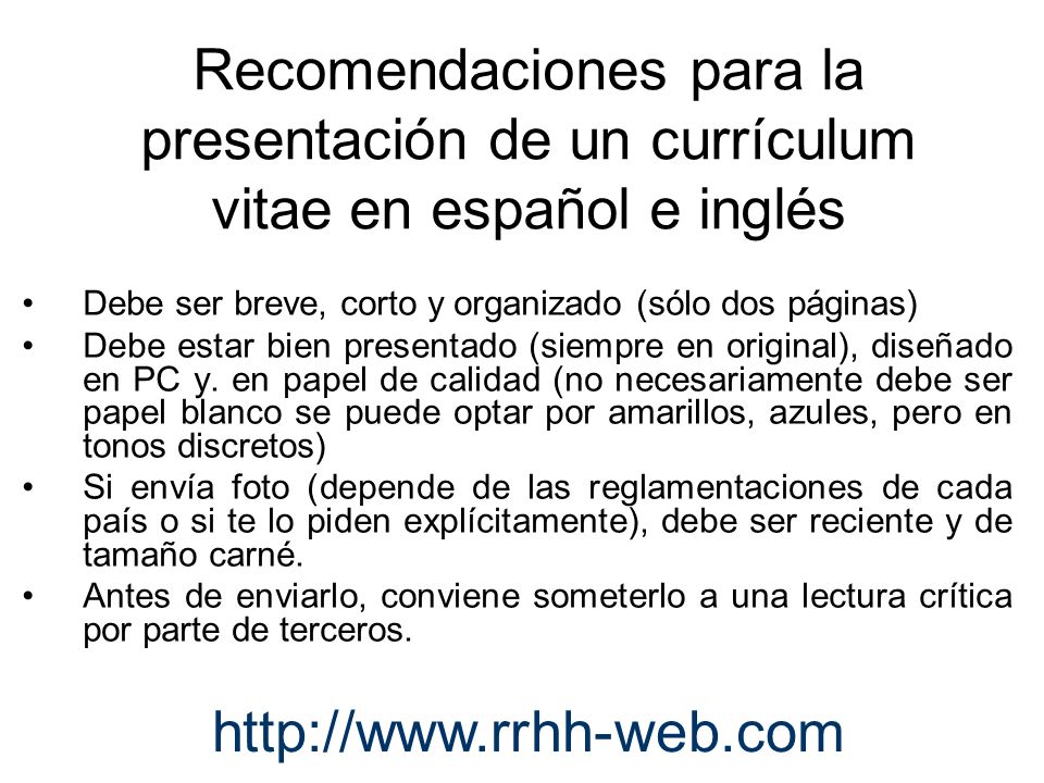 Recomendaciones para la presentación de un currículum vitae en español e inglés