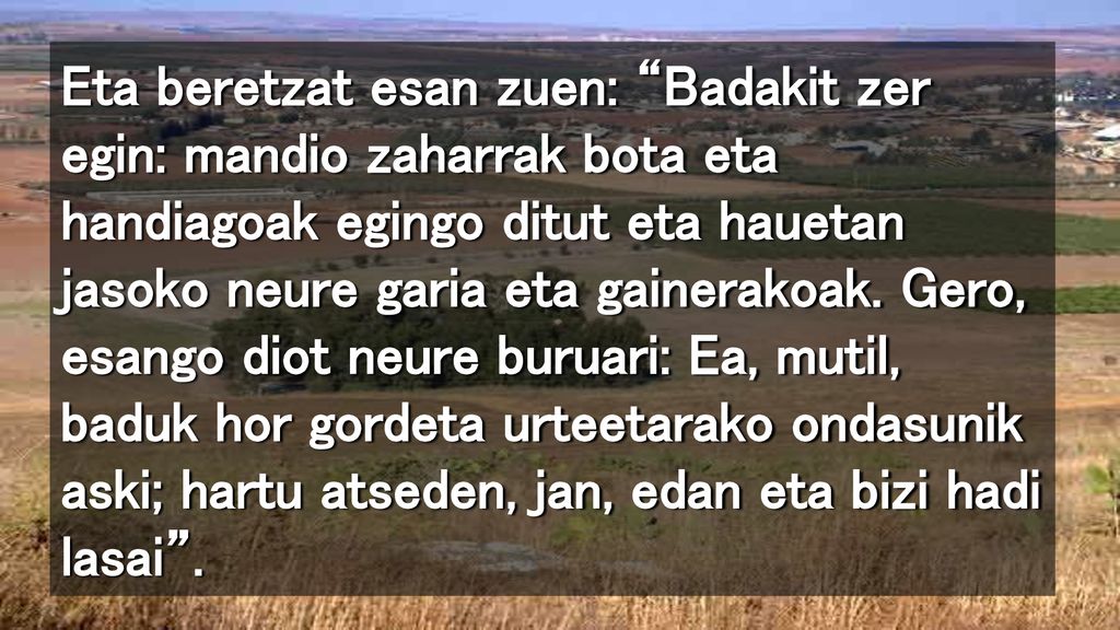 Eta beretzat esan zuen: Badakit zer egin: mandio zaharrak bota eta handiagoak egingo ditut eta hauetan jasoko neure garia eta gainerakoak.