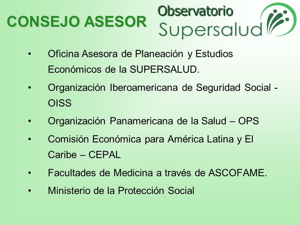 CONSEJO ASESOR Oficina Asesora de Planeación y Estudios Económicos de la SUPERSALUD. Organización Iberoamericana de Seguridad Social - OISS.